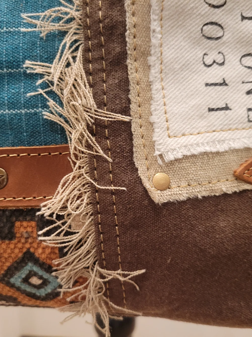 Myra Bag Blue and Brown Patchwork Crossbody Bag - Picture 4 of 7